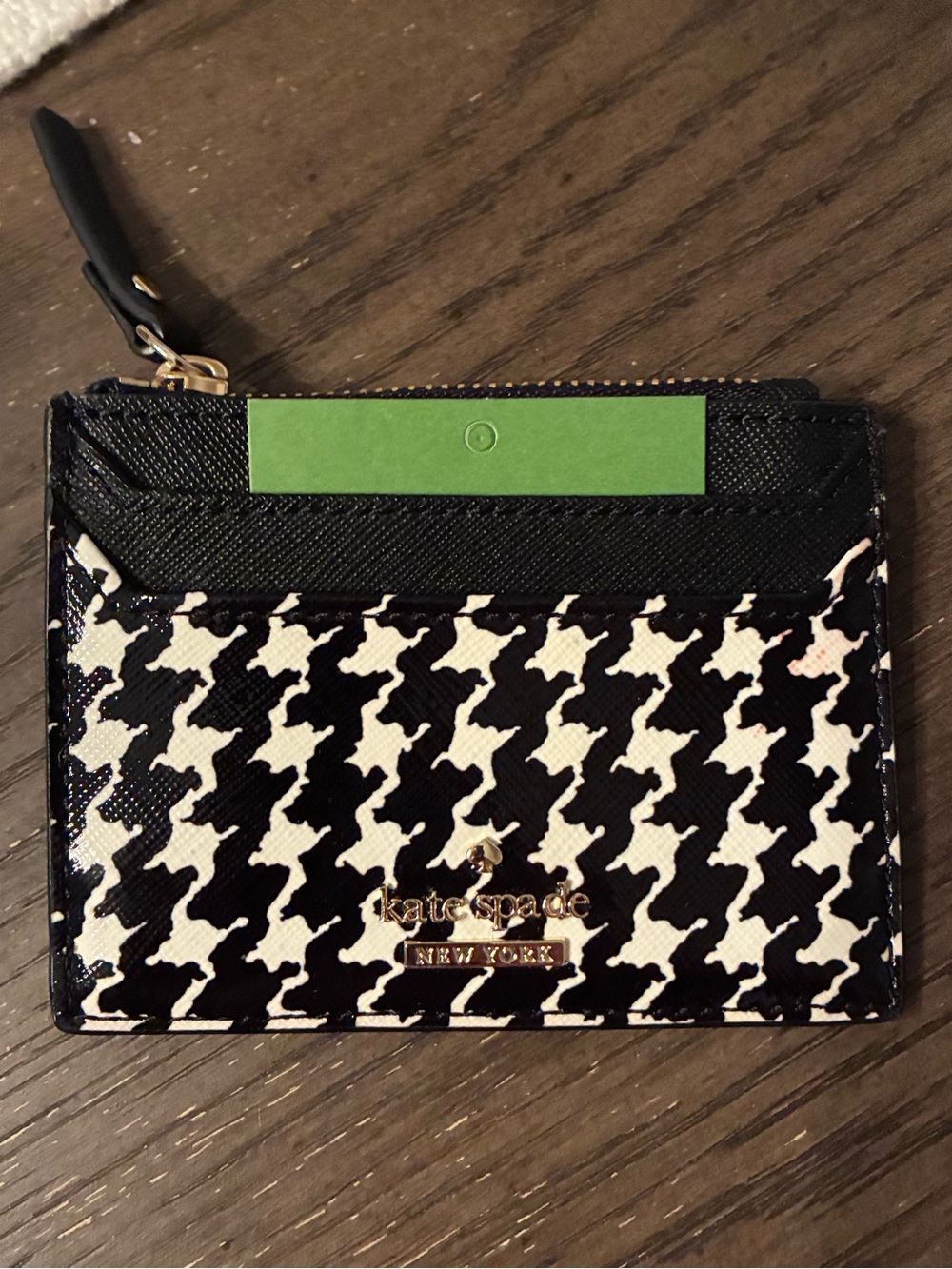 kate spade Black and White Houndstooth Card Case with Gold Logo
